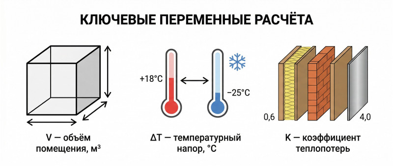 Ключевые переменные для расчёта водяного тепловентилятора Три ключевые переменные расчёта мощности тепловентилятора: V — объём помещения, ΔT — температурный напор, K — коэффициент теплопотерь